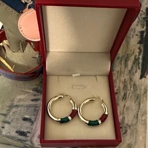 Elegant silver Hoop Earrings with Red and Green Accents